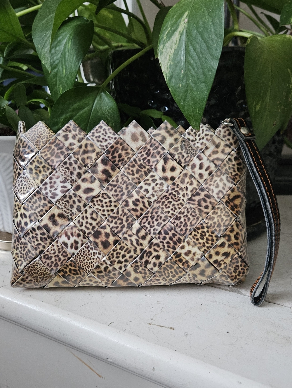 Nahui Ollin Leopard Print Woven Wristlet Pouch - EUC
